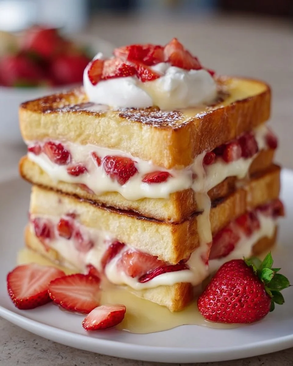 Strawberry Shortcake Custard Toast Stack with fresh strawberries and cream