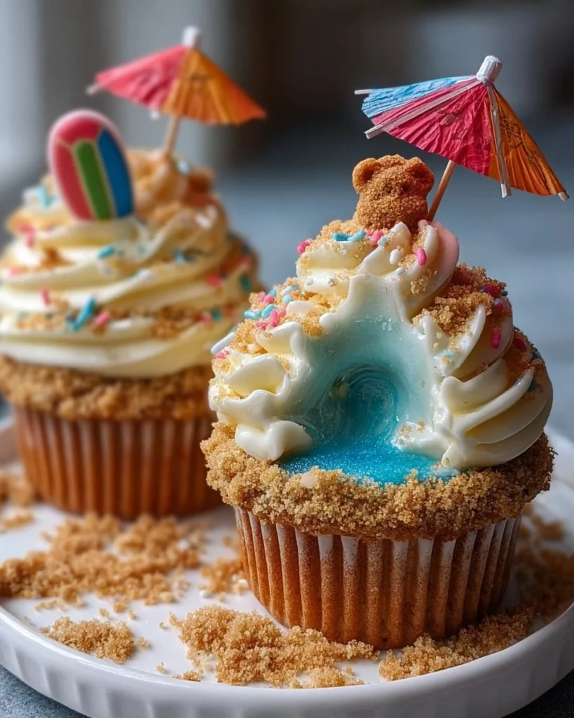 Colorful summer beach day cupcakes with ocean-themed decorations