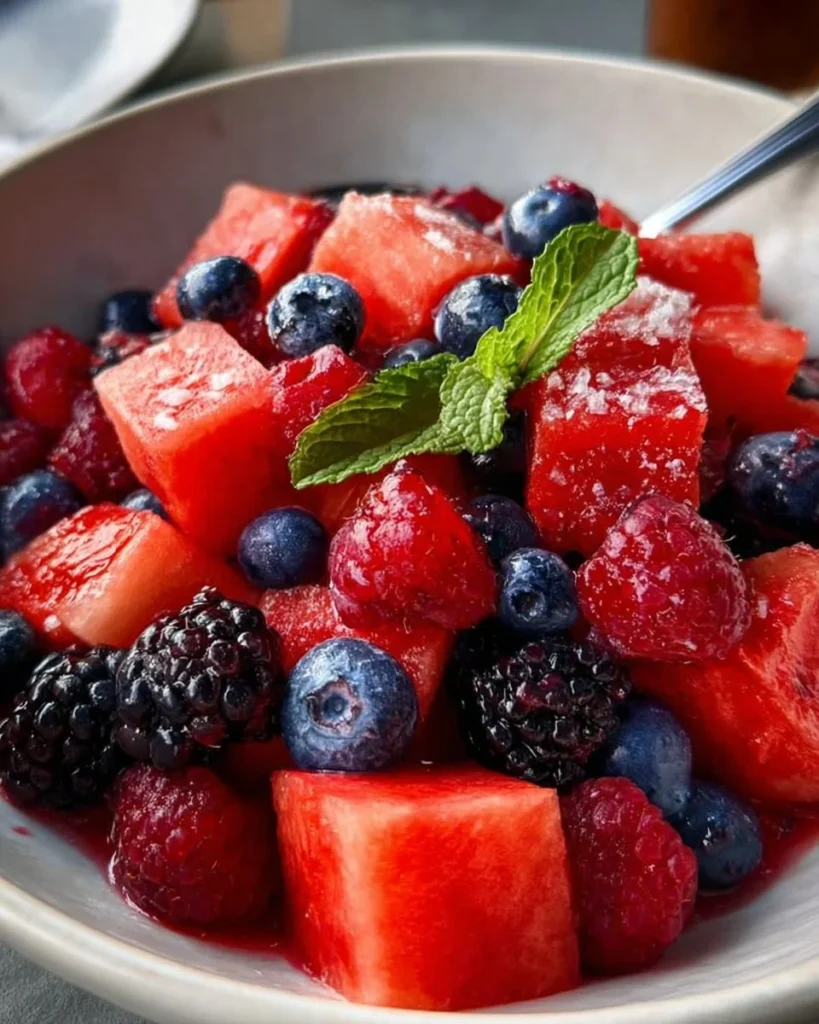 Colorful summer berry and watermelon fruit salad served in a bowl
