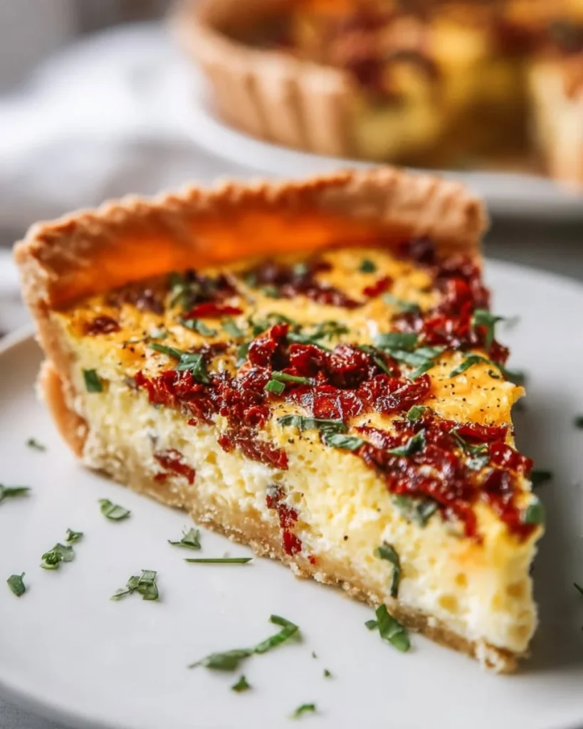 Sun Dried Tomato and Basil Quiche slice on a plate