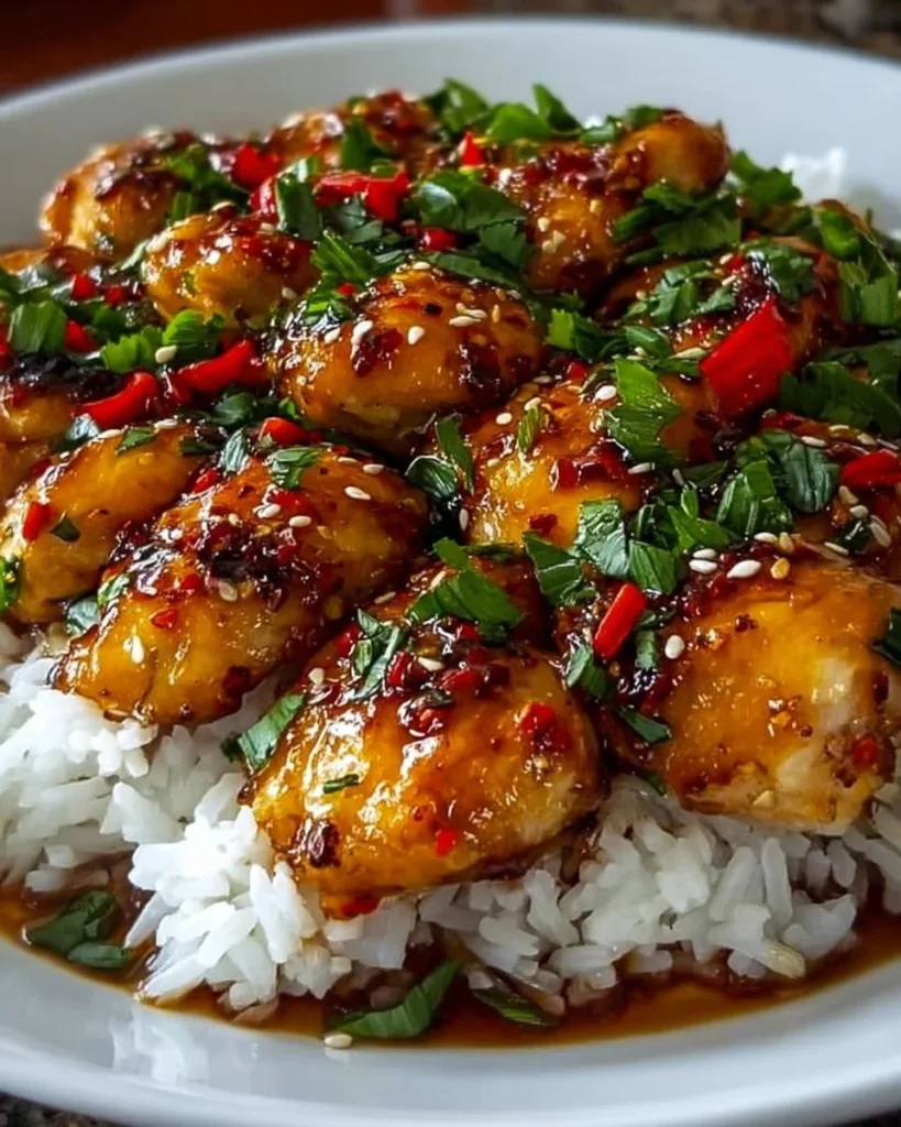 Delicious sweet and spicy Thai chicken served with fresh herbs and chilies.