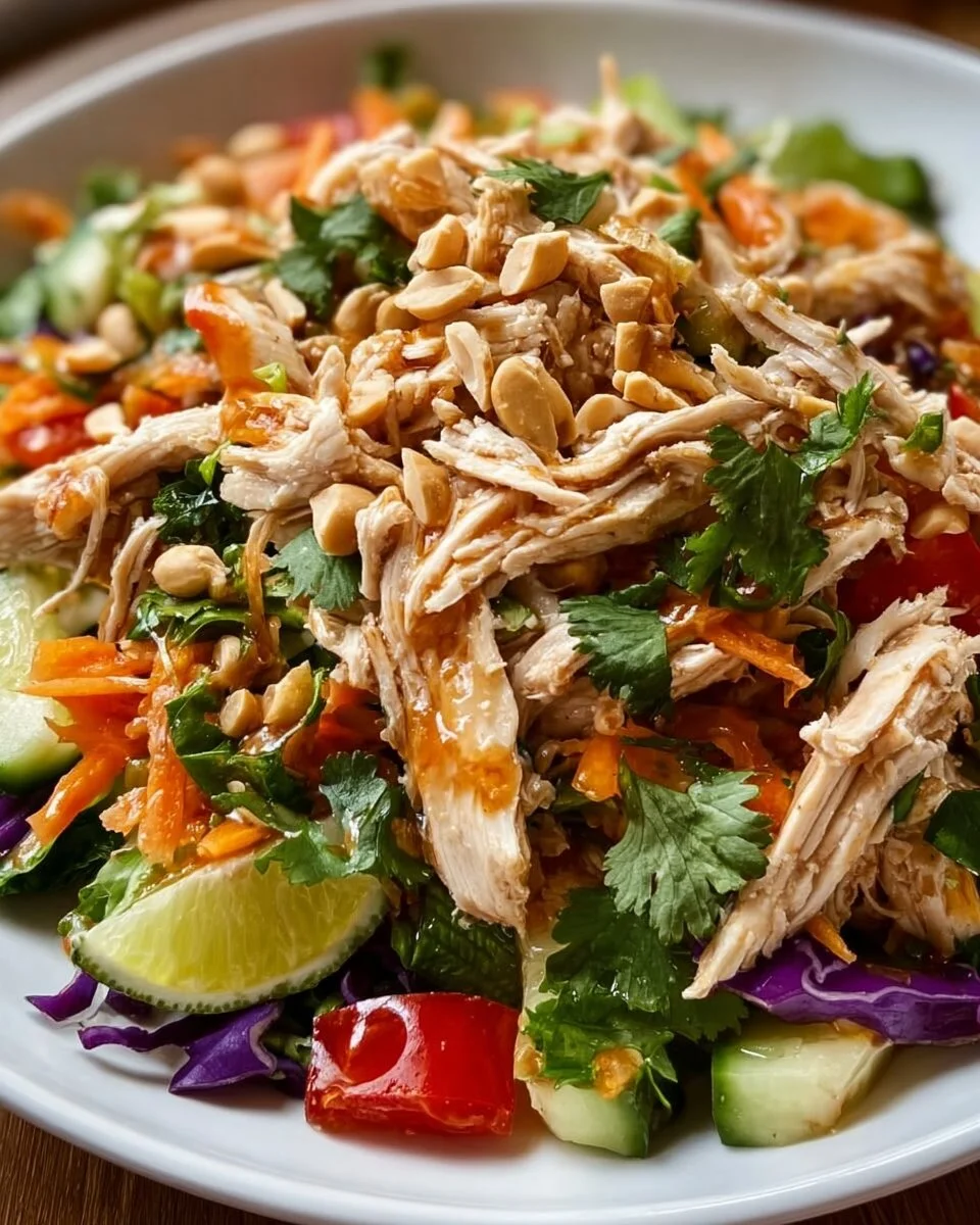 A colorful bowl of Thai Chicken Salad with fresh vegetables and grilled chicken.
