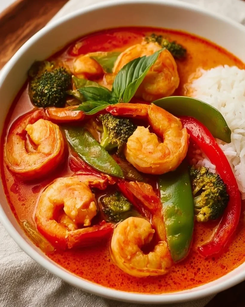 Thai red curry shrimp cooked with coconut milk and spices