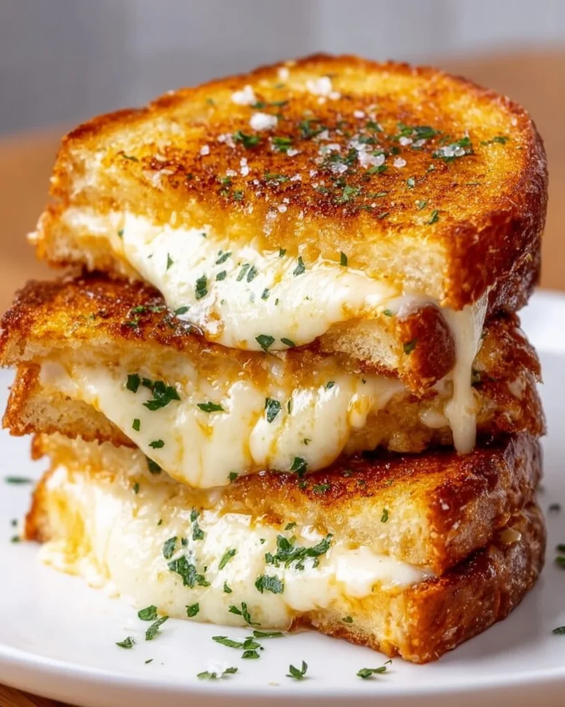 Delicious Triple Cheese Garlic Butter Grilled Cheese Skillet Melt served hot and gooey