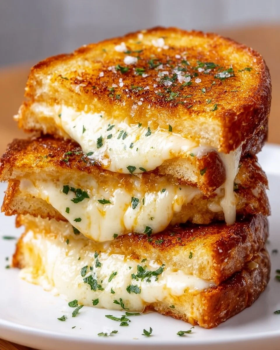 Delicious Triple Cheese Garlic Butter Grilled Cheese Skillet Melt served hot and gooey