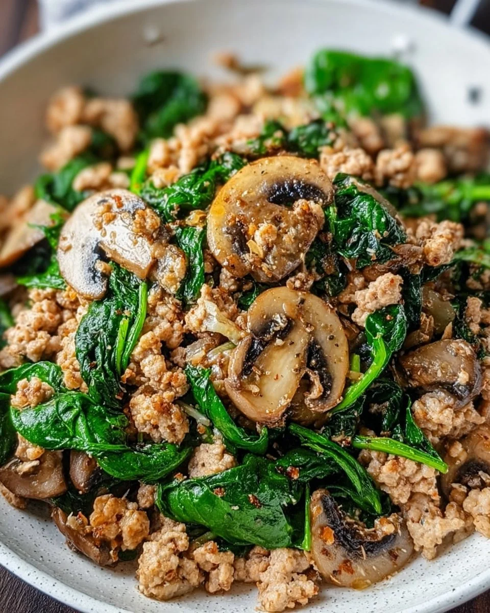 Delicious Turkey Spinach Mushroom Skillet with fresh ingredients.