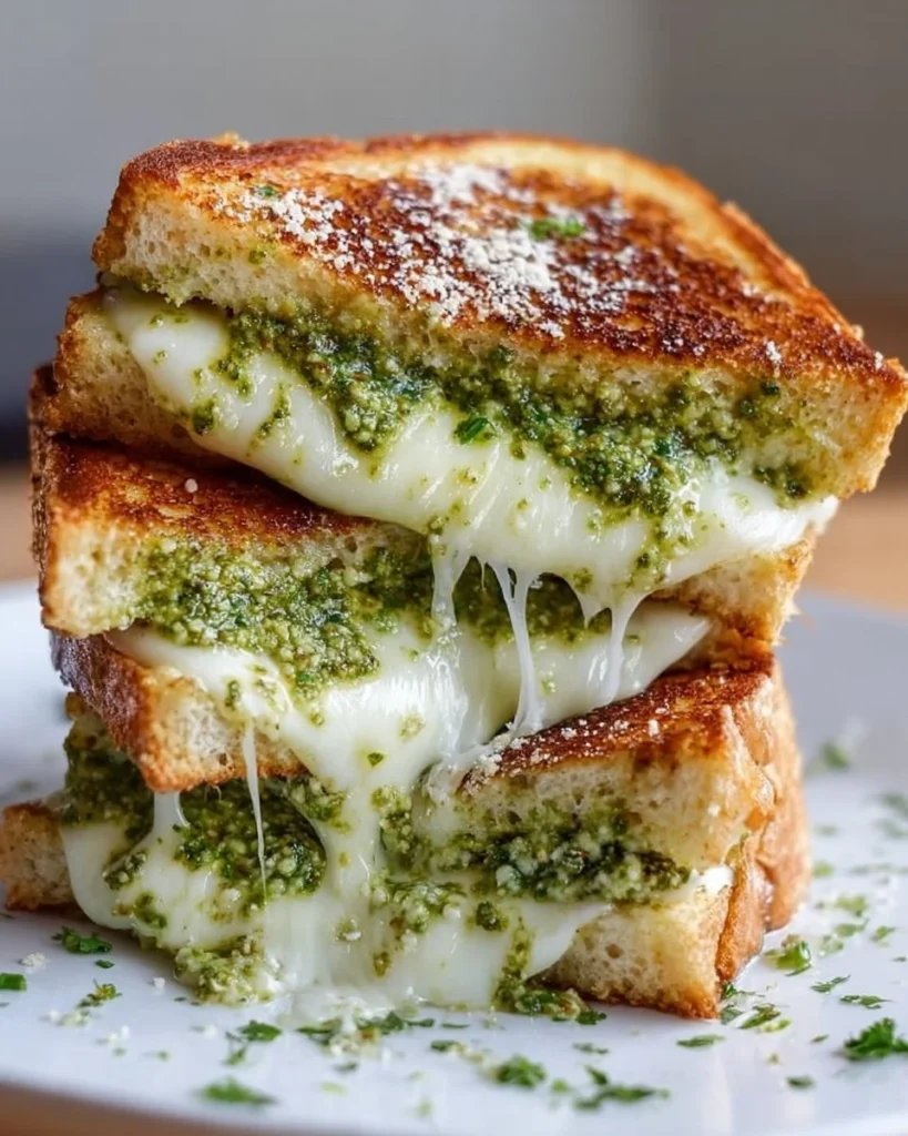 Delicious Pesto Mozzarella Grilled Cheese sandwich served with fresh basil.