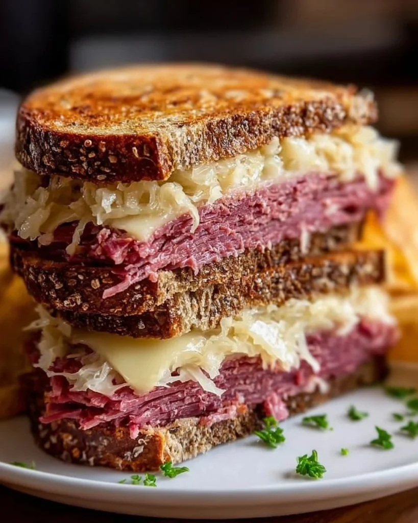 Delicious Ultimate Reuben Sandwich with corned beef, sauerkraut, and cheese