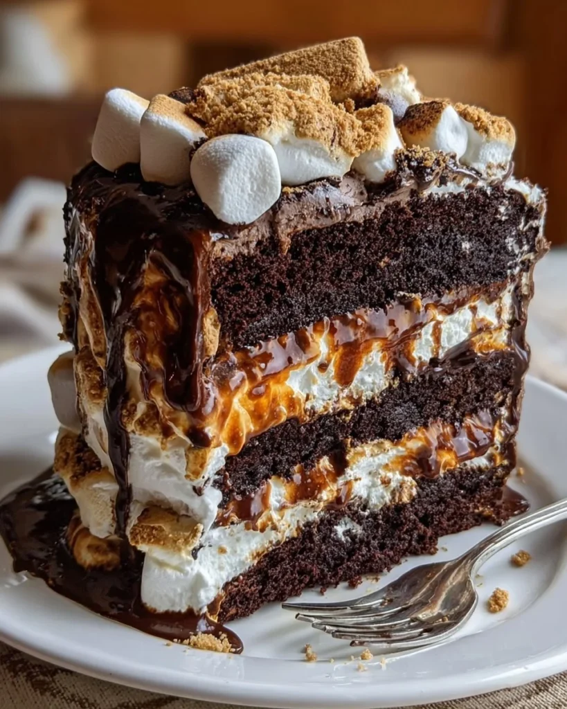 Ultimate S'mores Layer Cake with layers of chocolate and marshmallow