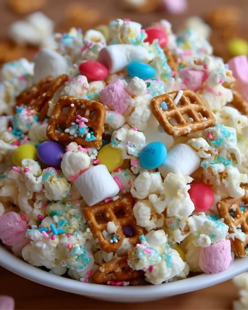 Vibrant Unicorn Party Snack Mix with colorful treats and candies