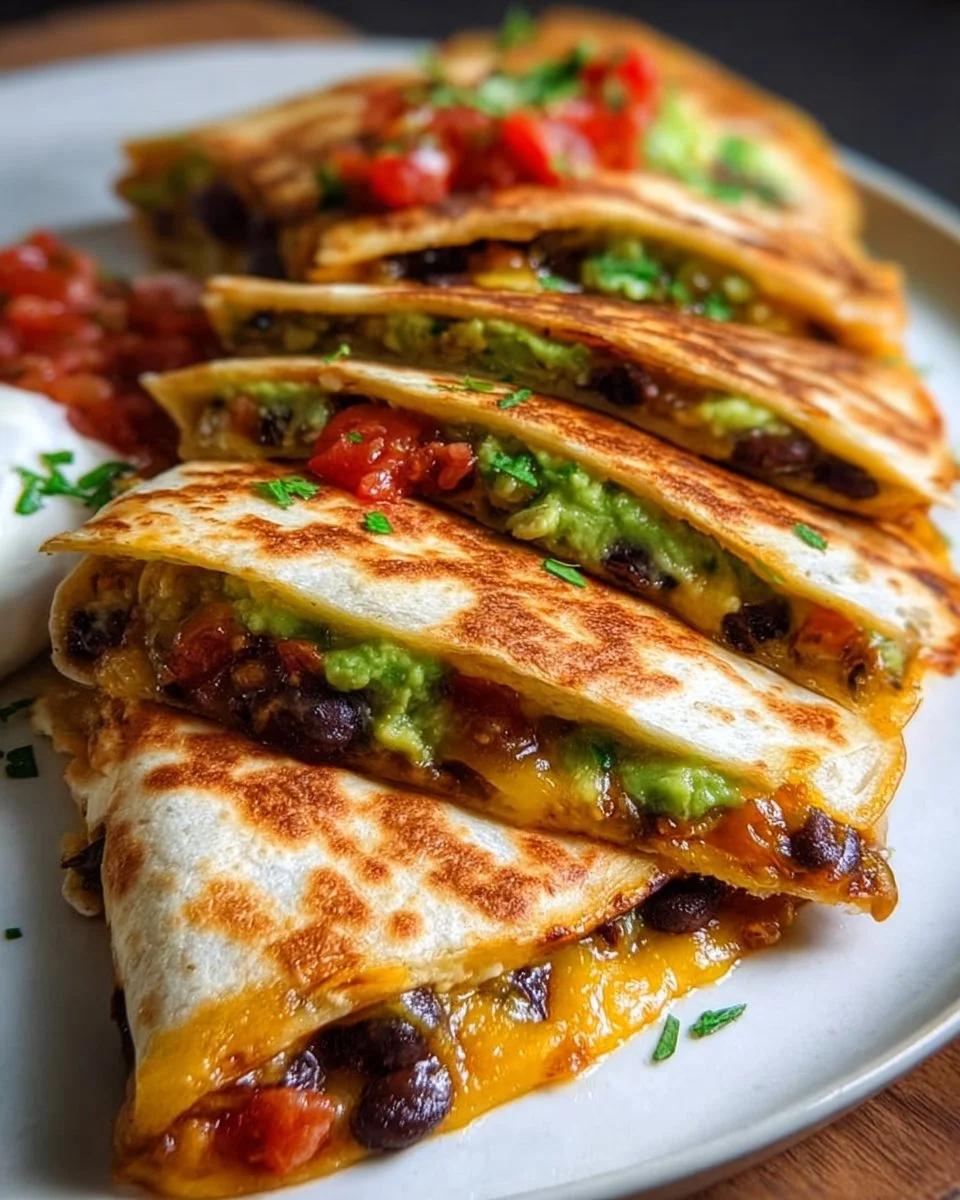 Vegetarian avocado and black bean quesadilla on a plate