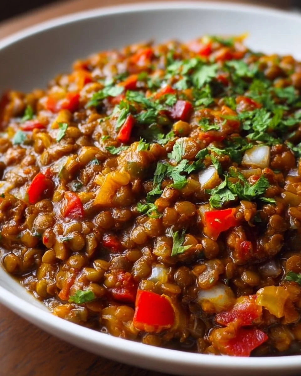 Delicious vegetarian Mexican lentils served in a bowl with spices