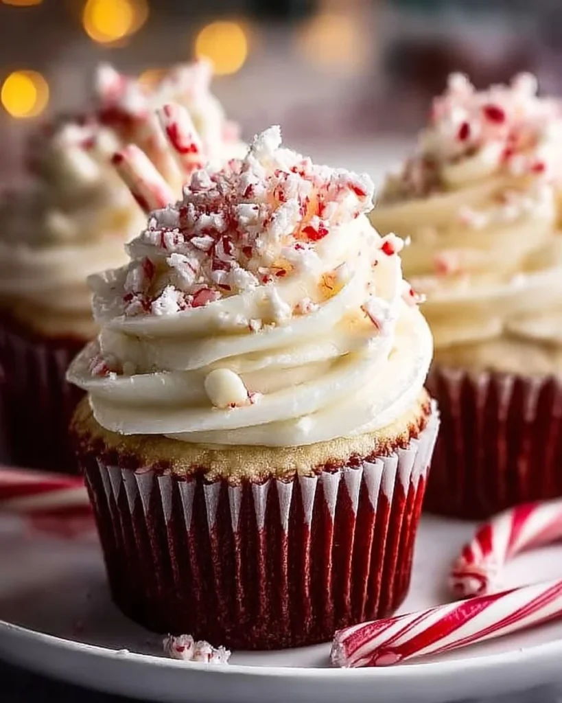Delicious white chocolate peppermint cupcakes decorated with swirls of icing.