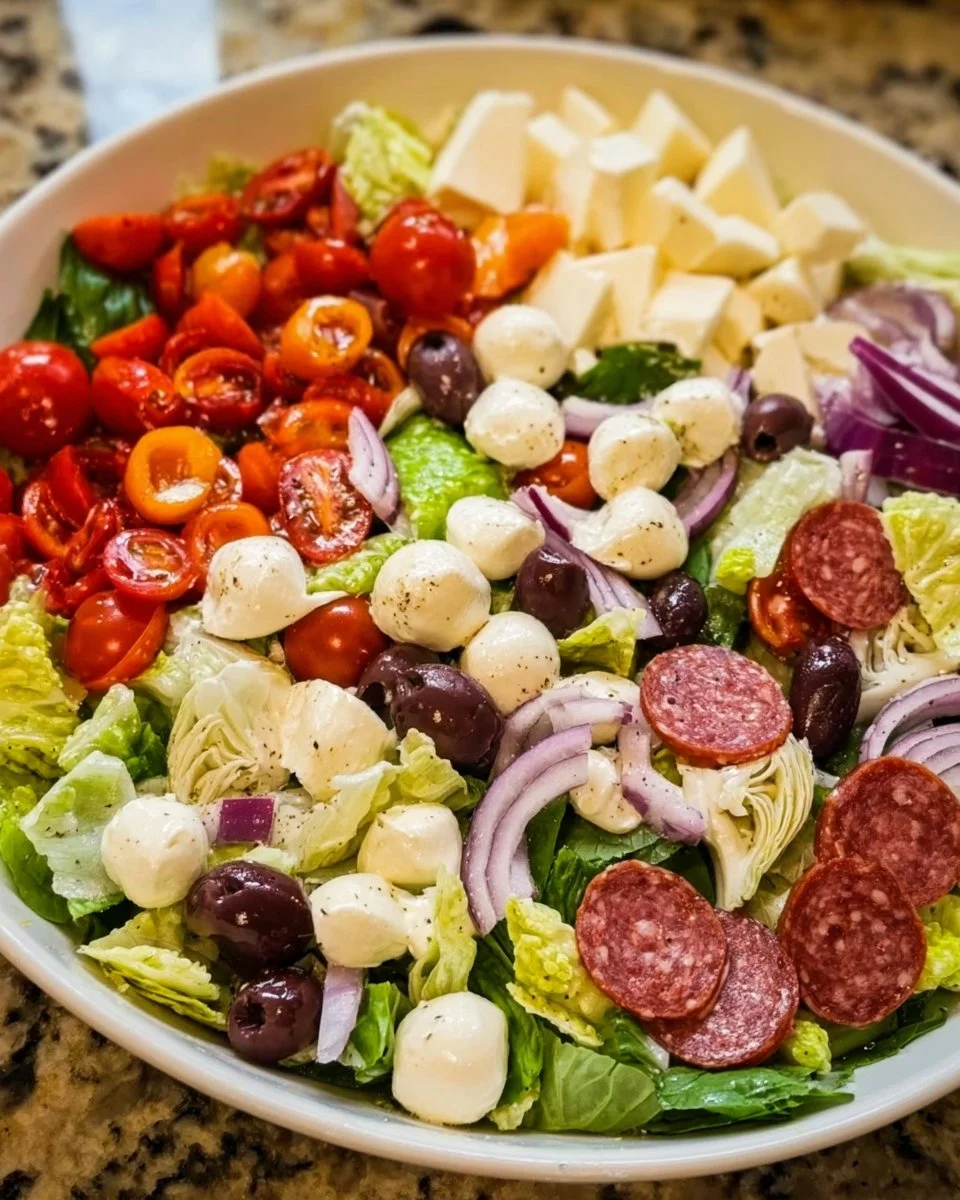 Colorful antipasto chopped salad with vegetables, meats, and cheeses in a bowl.