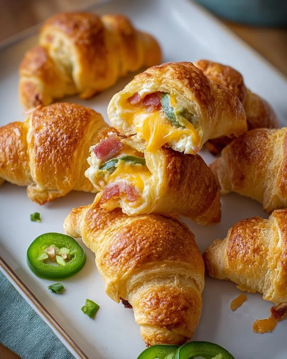 Tray of delicious bacon jalapeño popper crescent rolls with crispy bacon.
