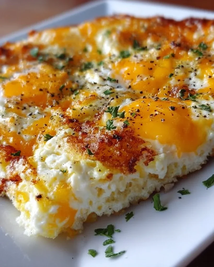 Baked cottage cheese eggs served in a dish with herbs and spices on top