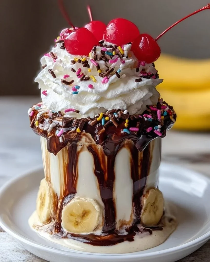 Delicious banana split milkshake topped with whipped cream and cherries