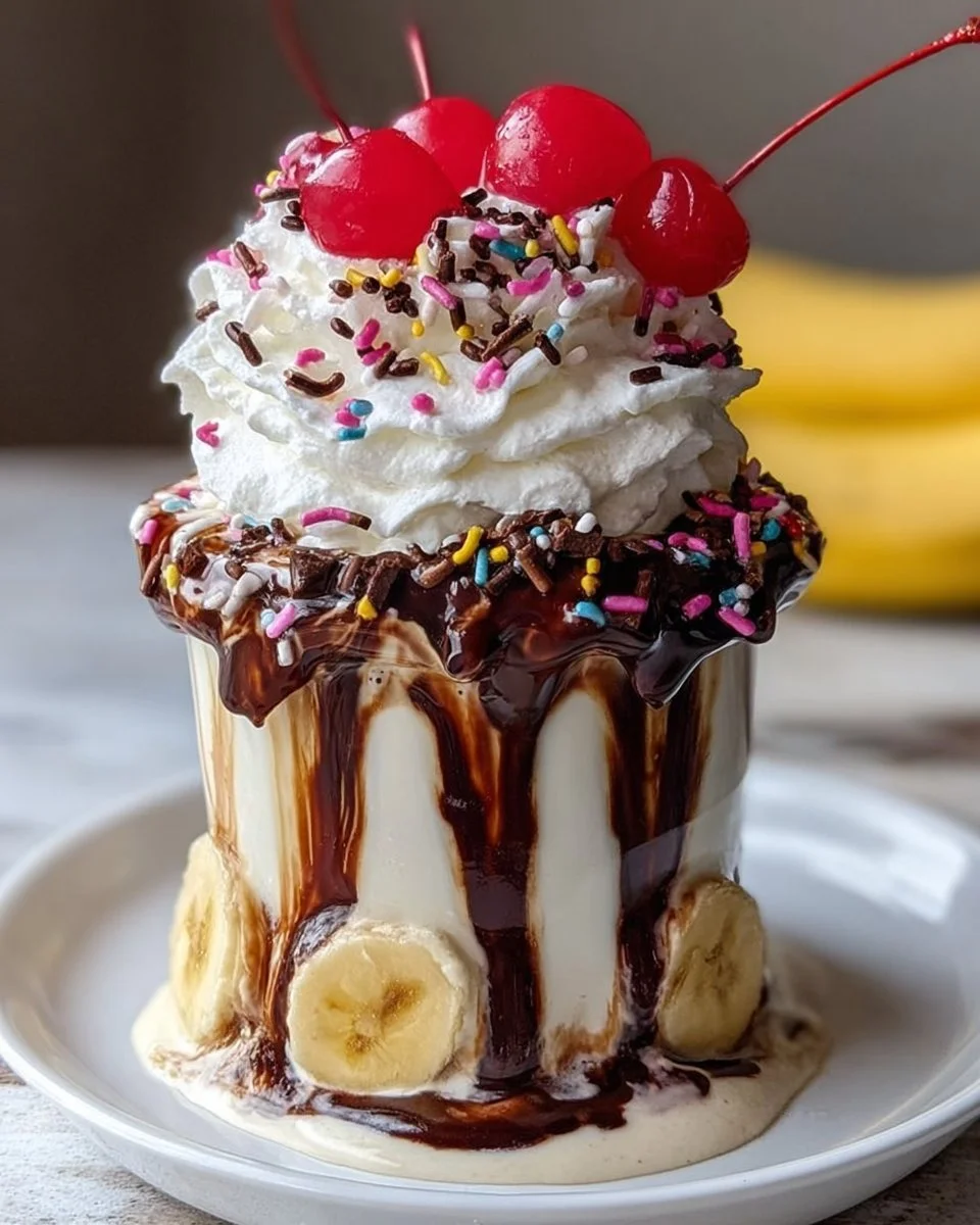 Delicious banana split milkshake topped with whipped cream and cherries