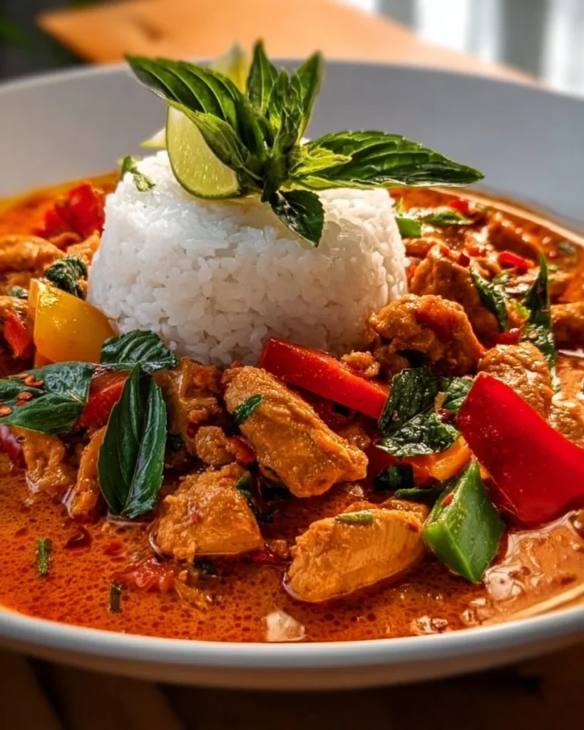 Delicious bowl of Thai Panang Curry topped with fresh herbs and served with rice