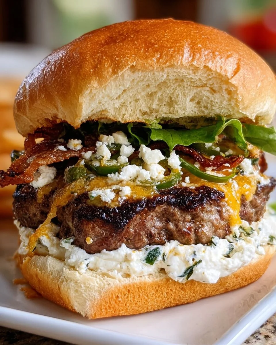 Delicious Jalapeño Popper Burger topped with spicy jalapeños and creamy cheese