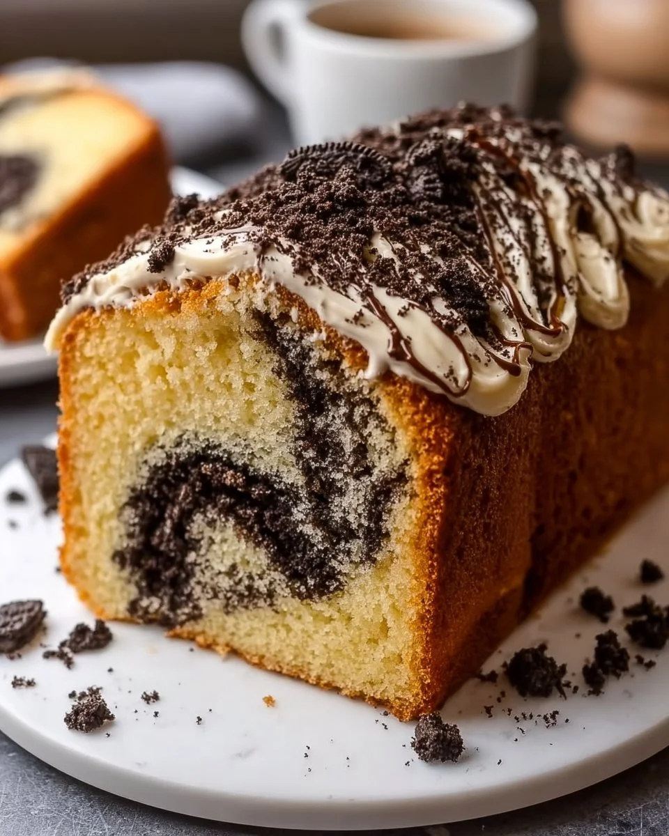 Slice of Blondie Oreo Pound Cake with Oreo crumbles on top
