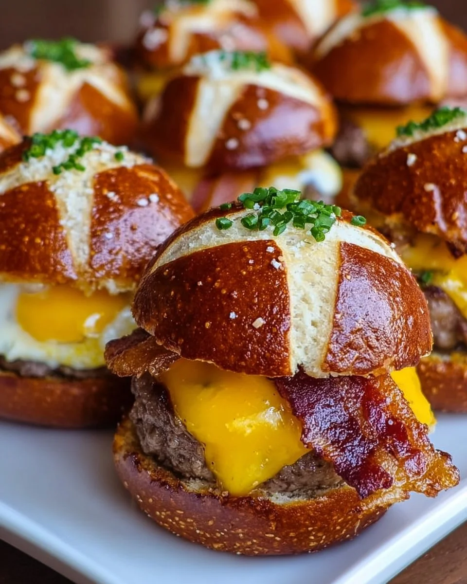 Breakfast sliders served on soft pretzel buns, perfect for a delicious morning meal.