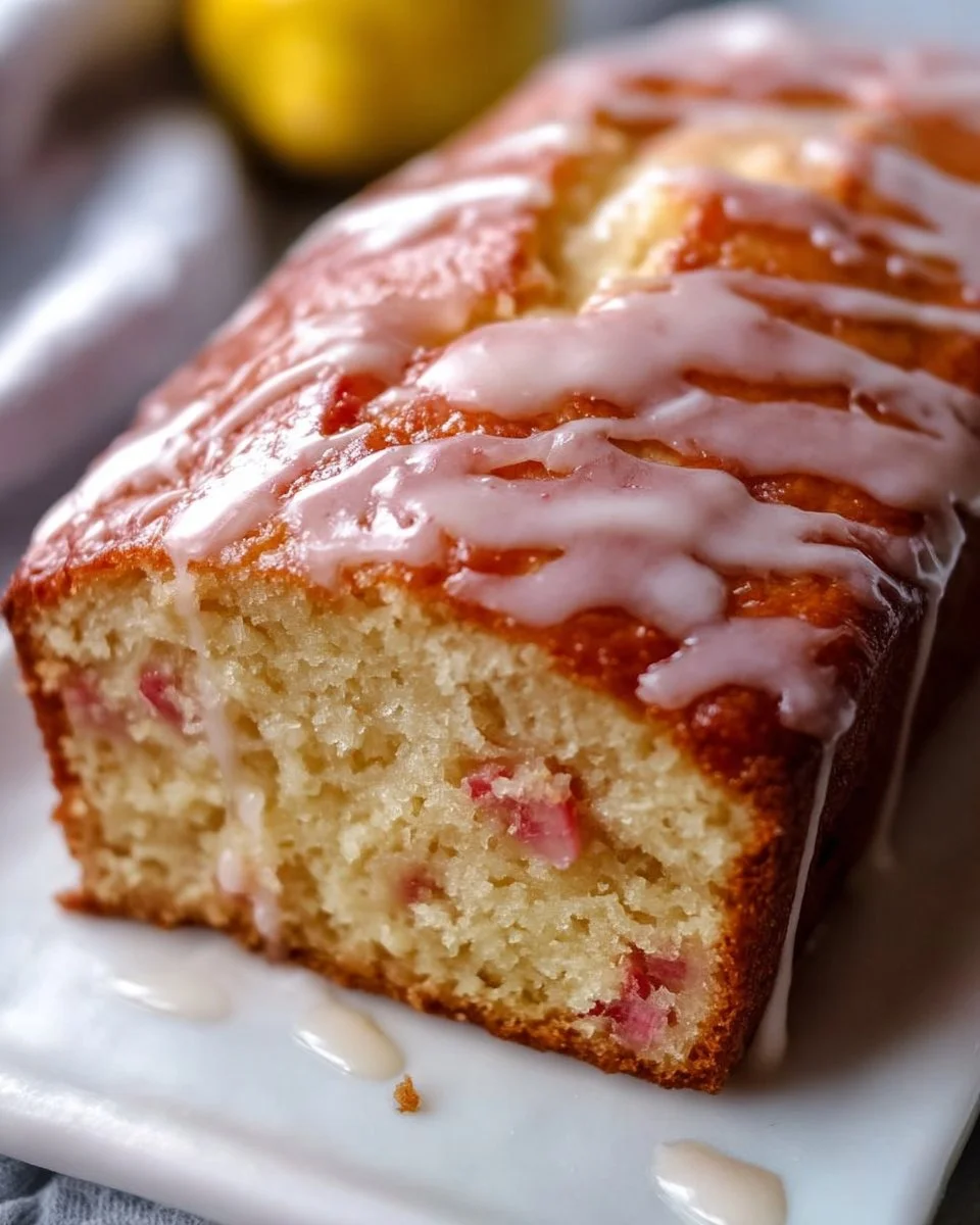 Loaf of buttery glazed rhubarb bread with a sweet glaze