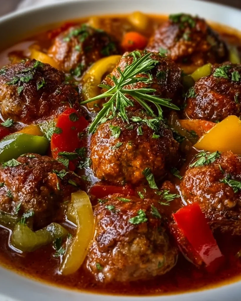 Bowl of Cajun meatball stew with colorful vegetables and savory broth