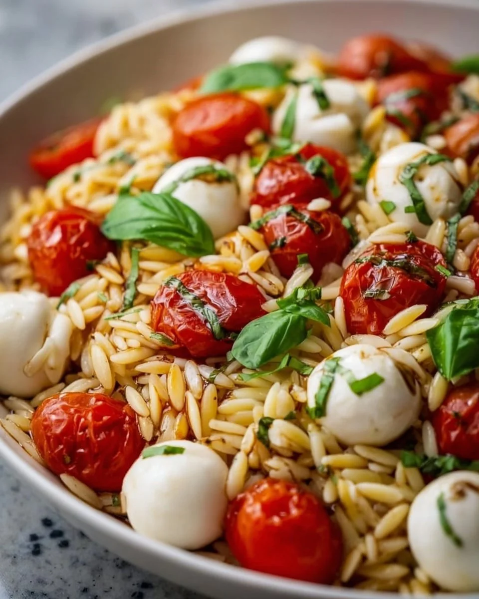 Caprese Orzo Pasta Salad with tomatoes, mozzarella, basil, and olive oil