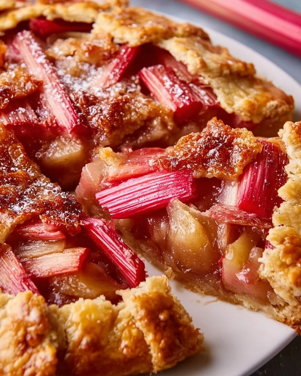 Cardamom vegan rhubarb galette baked and served on a rustic wooden table