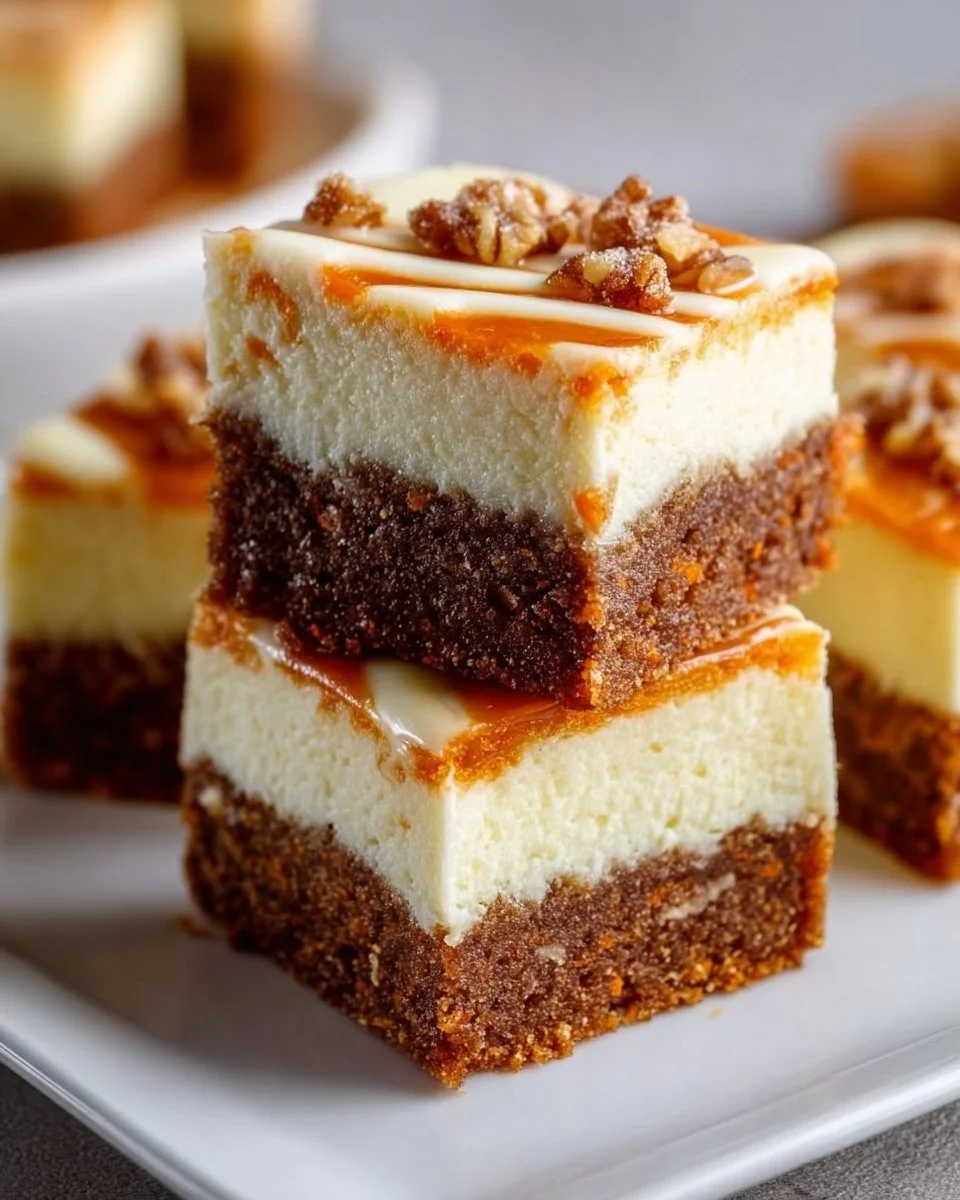 Delicious Carrot Cake Cheesecake Bars with cream cheese icing and nut topping