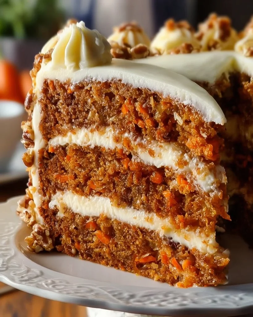 Delicious Carrot Cake Layer Cake with cream cheese frosting and decorative carrots