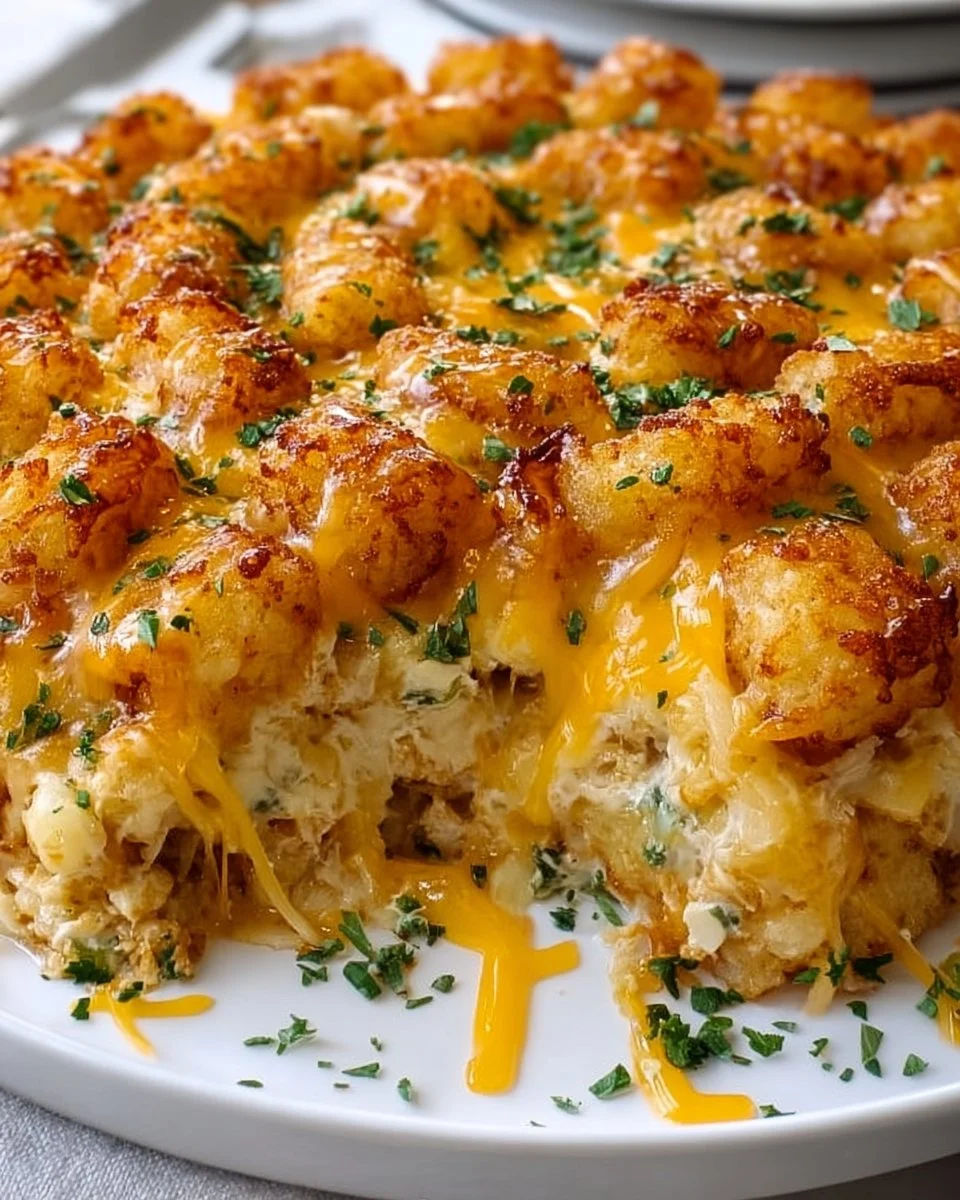 Cheesy Chicken Tater Tot Casserole with crispy tater tots and melted cheese.