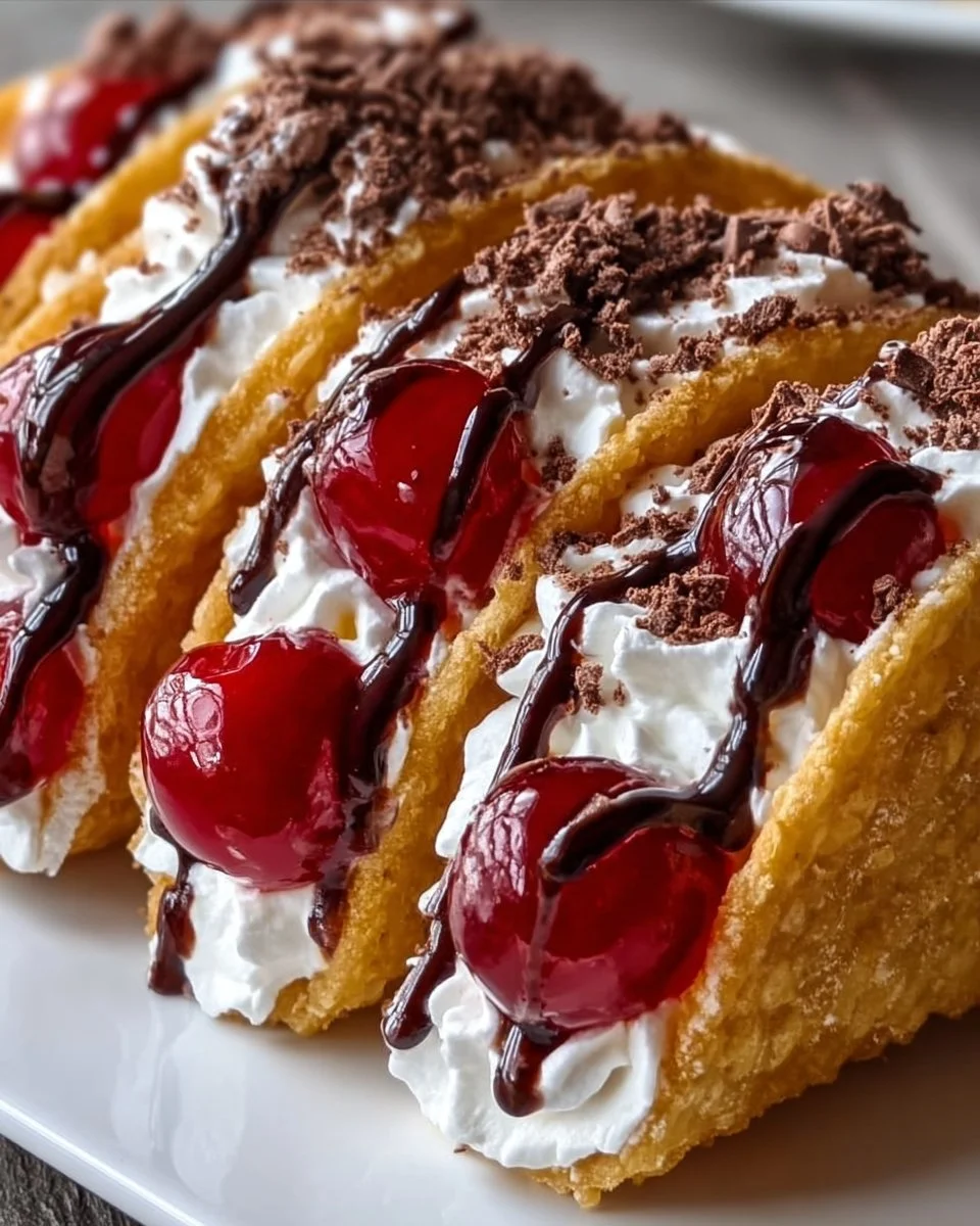 Delicious cherry cheesecake tacos with a creamy filling and cherry topping