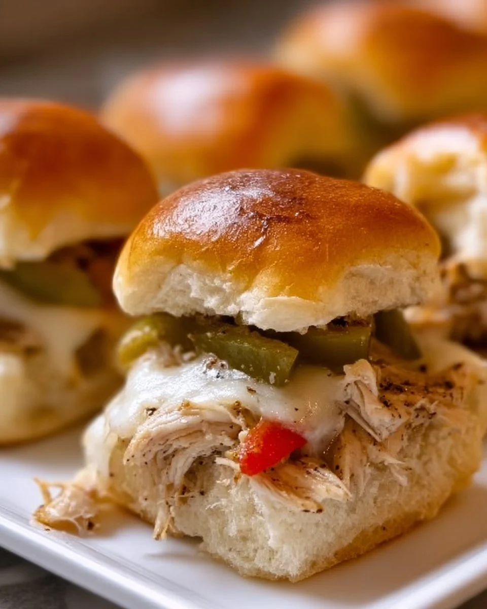 Delicious Chicken Philly Sliders with peppers and cheese on a platter