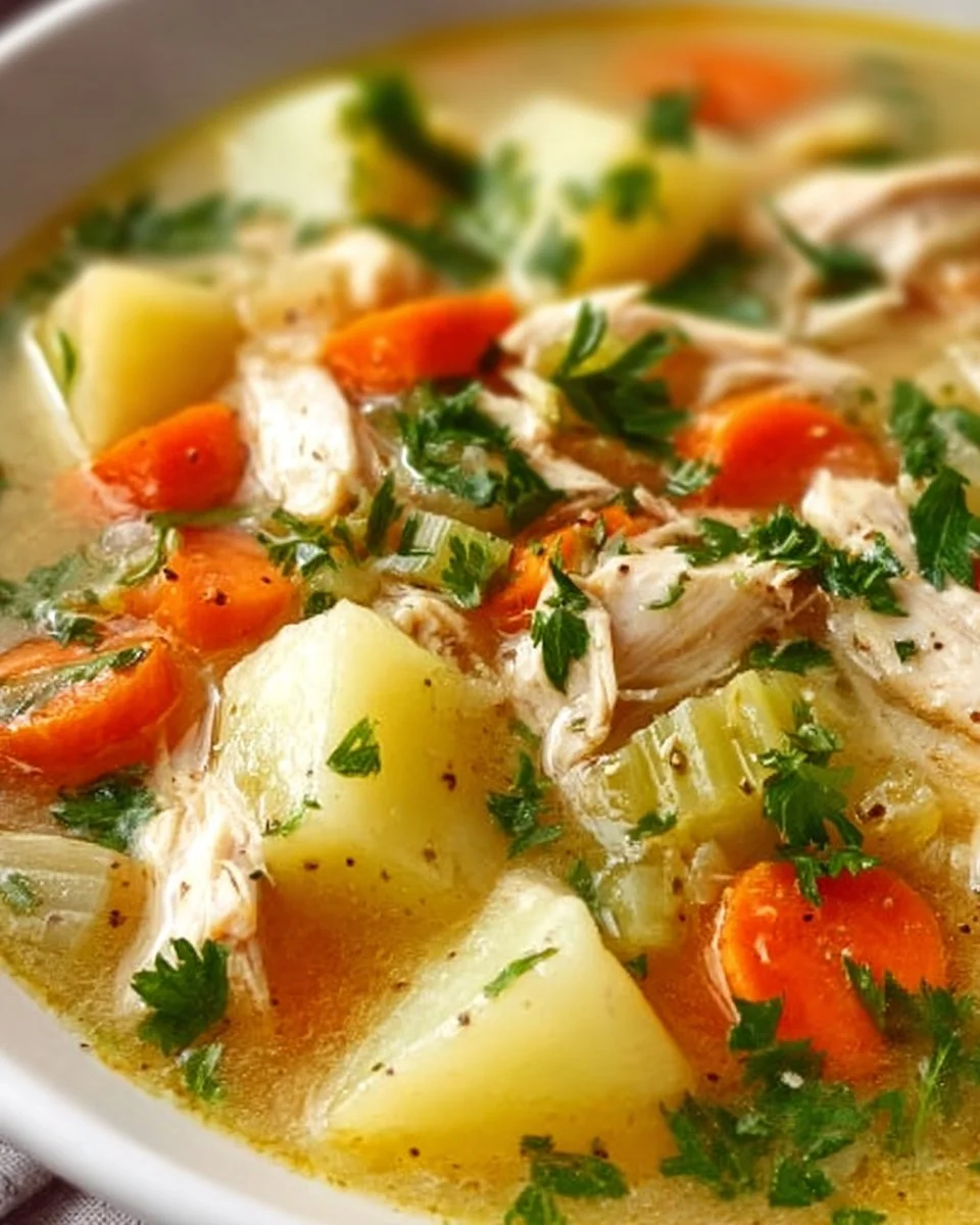 Bowl of homemade chicken soup with vegetables and herbs