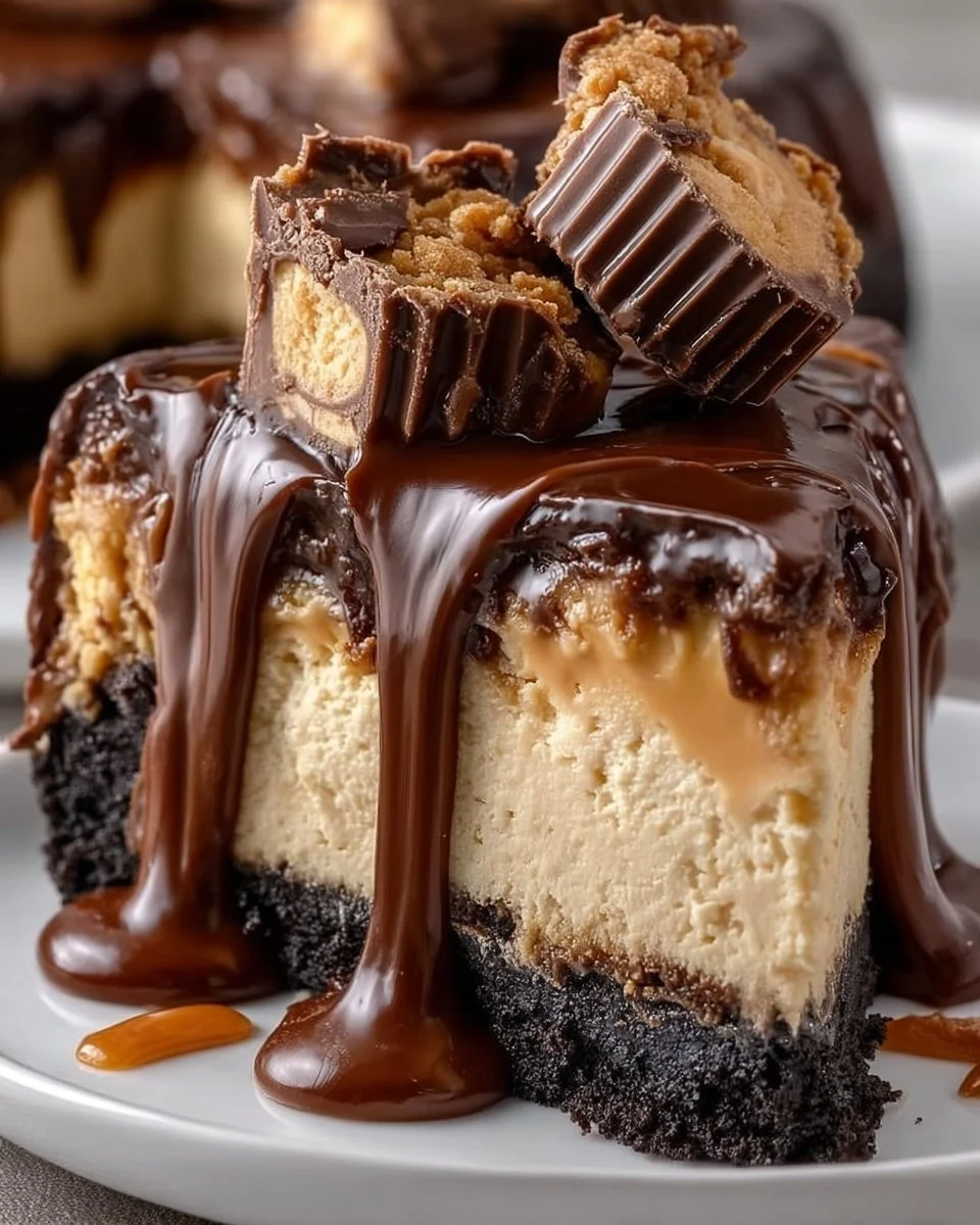 Delicious Chocolate Peanut Butter Cheesecake slice on a plate
