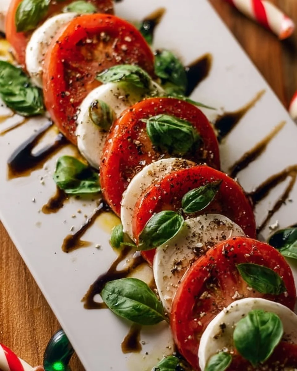 Christmas Candy Cane Caprese Salad with mozzarella, tomatoes, and basil arranged in a festive pattern.