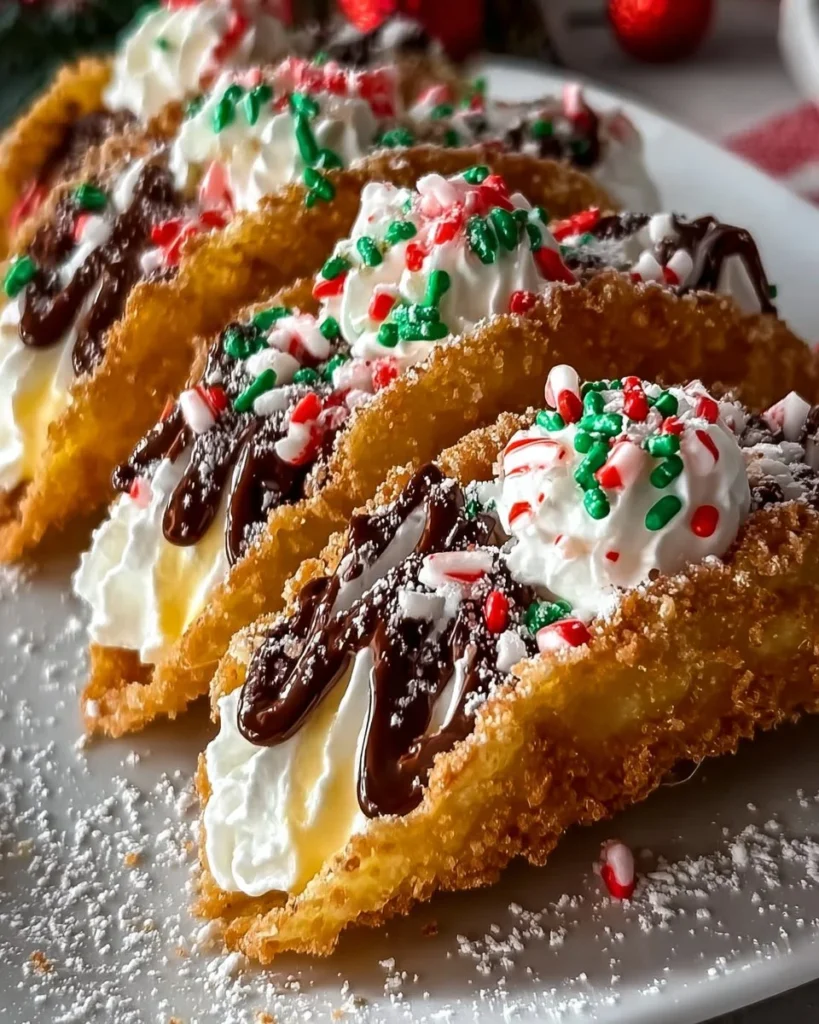 Delicious Christmas cheesecake tacos filled with creamy cheesecake and festive toppings