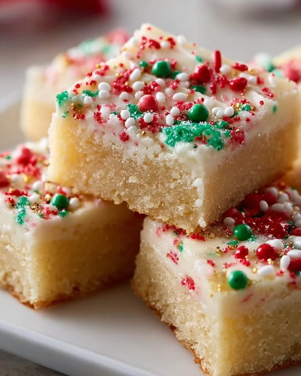 Delicious Christmas sugar cookie bars decorated with icing and sprinkles
