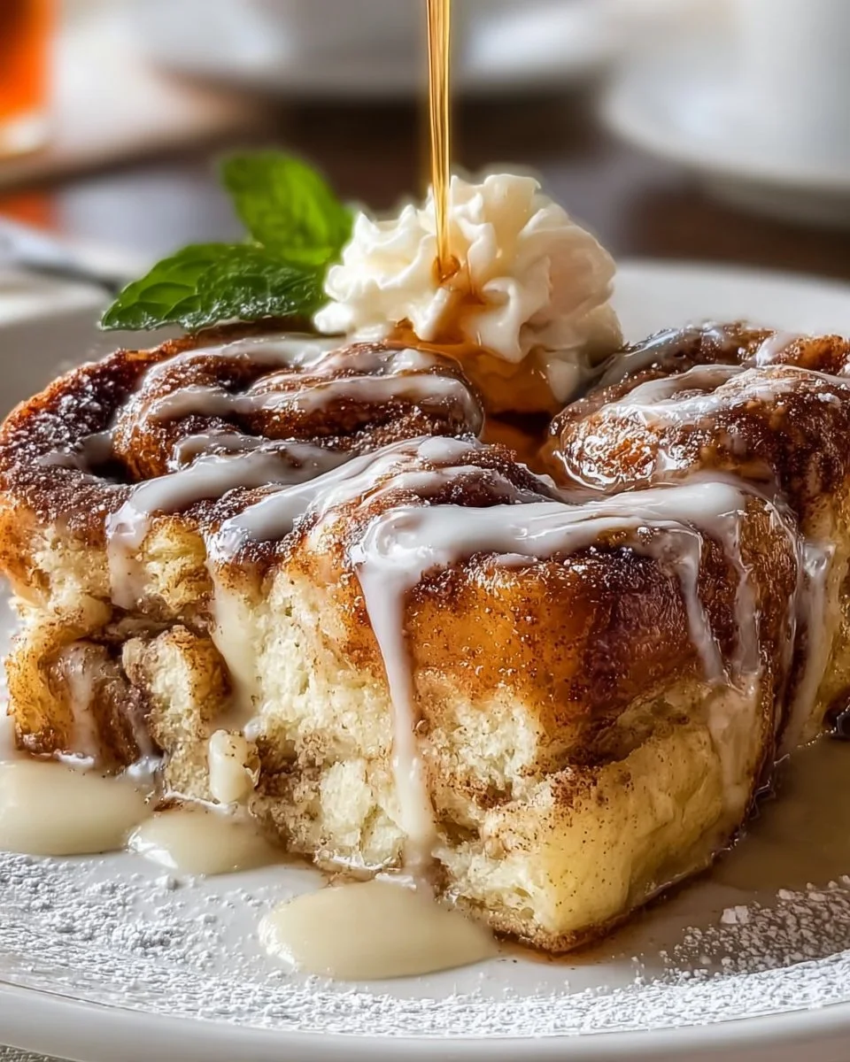 Cinnamon roll French toast casserole topped with icing and berries