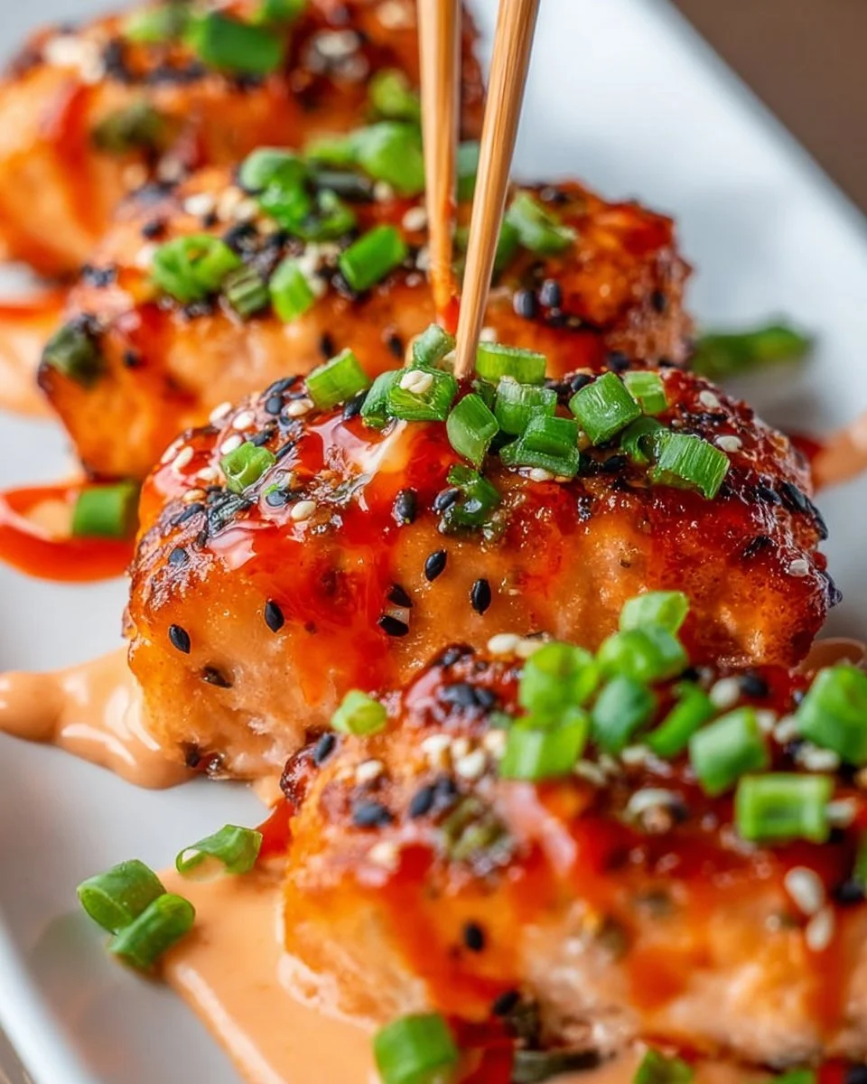 Classic Bang Bang Salmon topped with sweet chili sauce on a plate