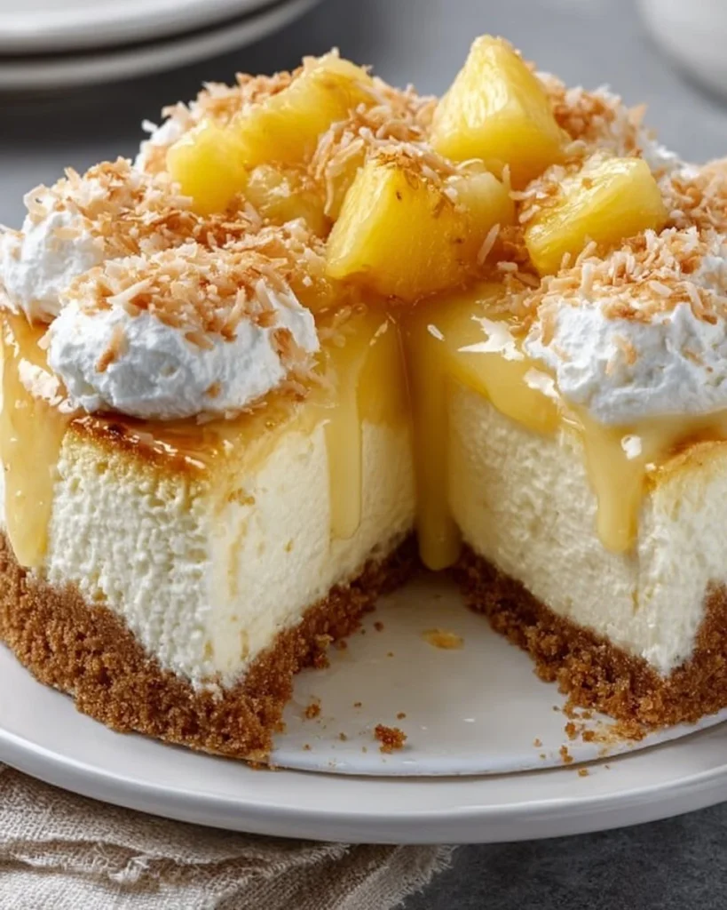 Delicious Coconut Pineapple Cheesecake garnished with fresh fruit.