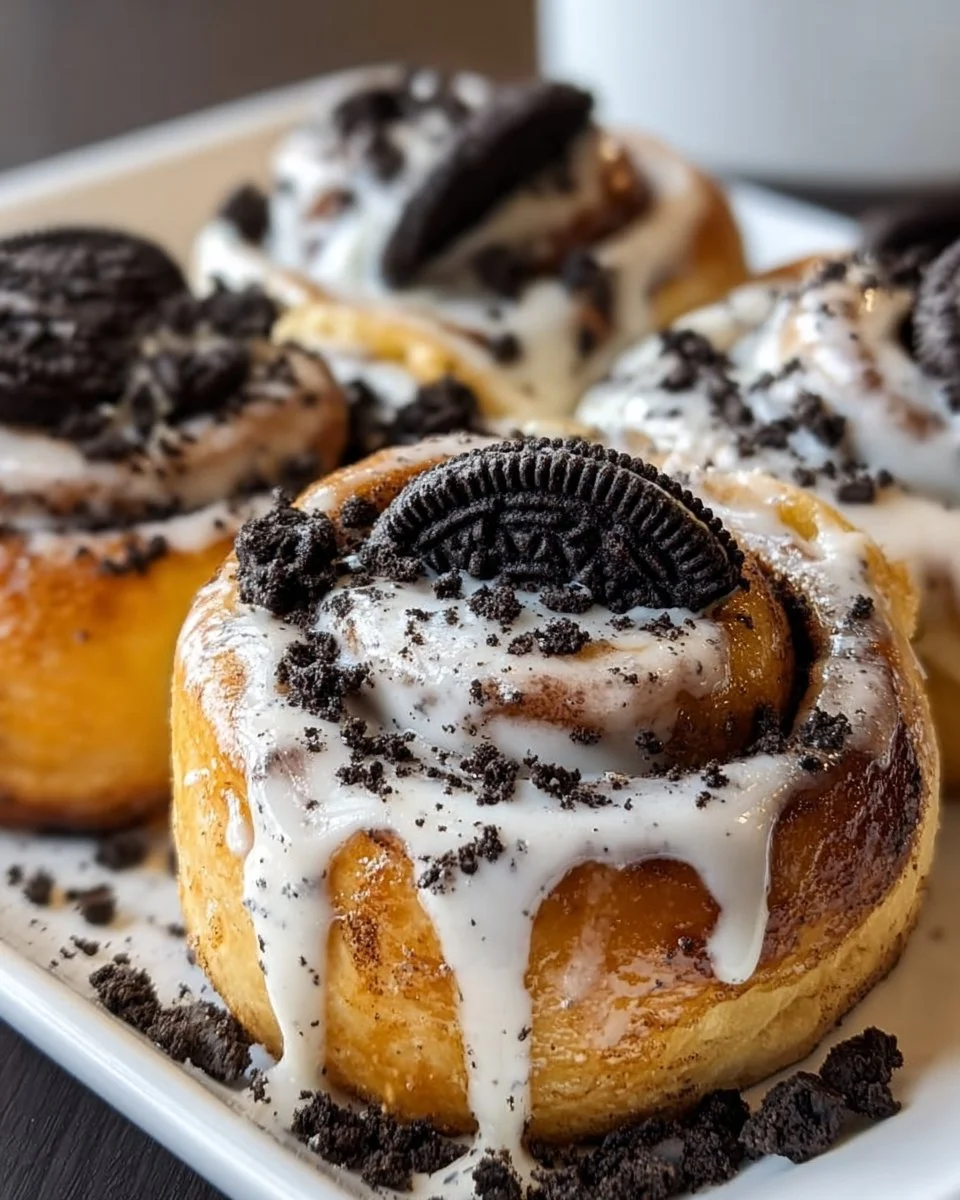 Delicious homemade cookies and cream cinnamon rolls drizzled with frosting.