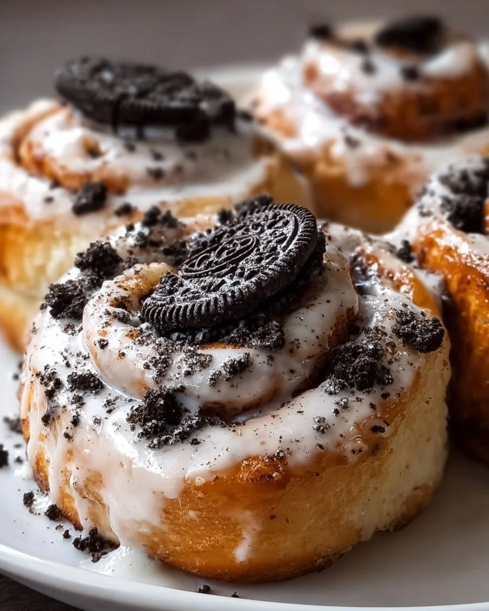 Delicious cookies and cream cinnamon rolls with creamy frosting on top