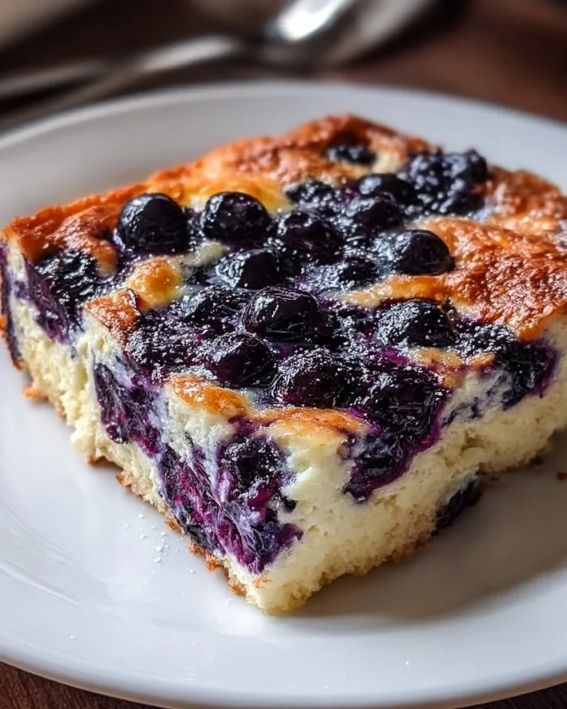 Cottage Cheese Blueberry Bake in a rustic dish topped with fresh blueberries