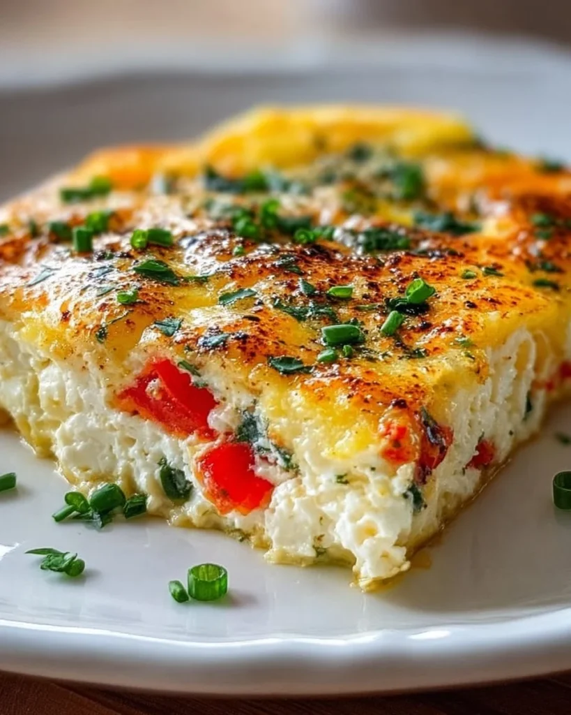 Delicious Cottage Cheese Egg Bake topped with herbs and veggies