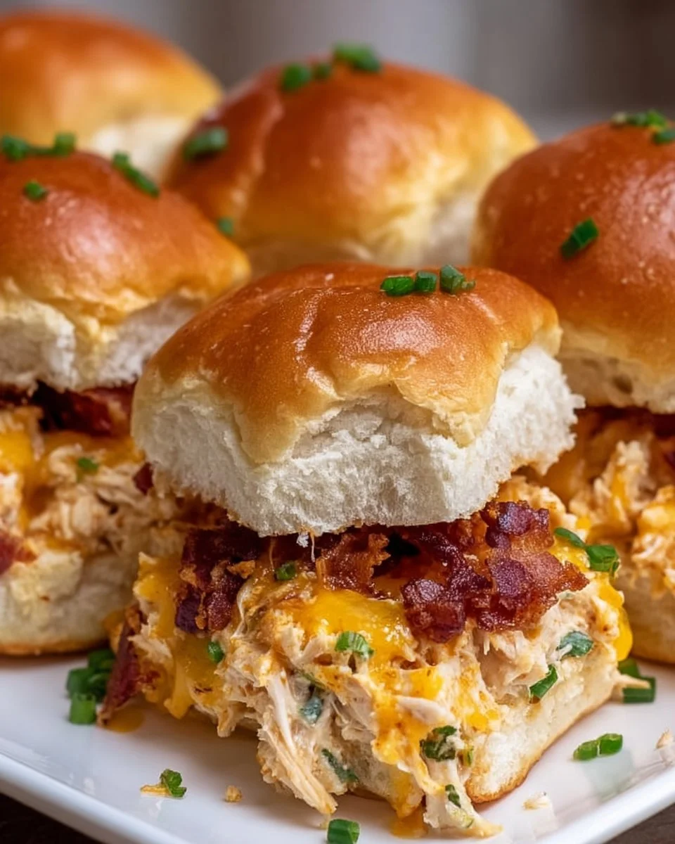 Delicious Crack Chicken Sliders served on a plate with toppings.