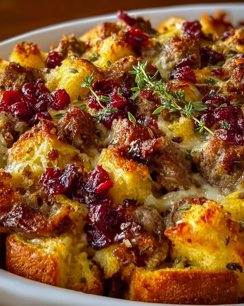 Cranberry Sausage Casserole with stuffing and herbs served in a baking dish.