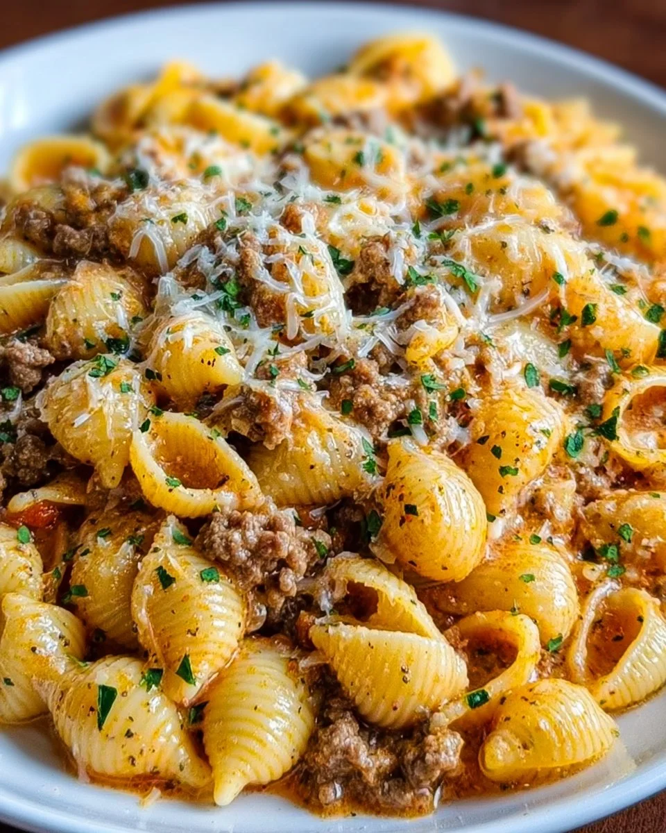 Creamy beef and shells dish served in a bowl, garnished with parsley